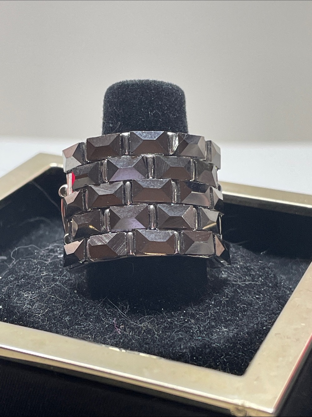 Rhinestones Gun Metal Colored Statement Ring